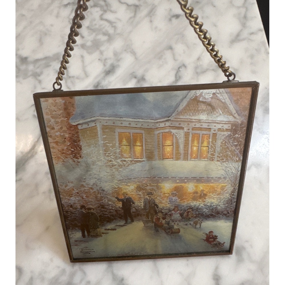 Thomas Kinkade 1997 Victorian Christmas Hanging Glass Art Suncatcher Brass 5x4